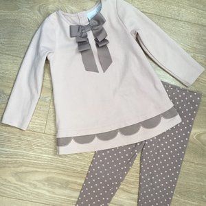 Gorgeous boutique set - pink top with taupe polka dot leggings, 24M
